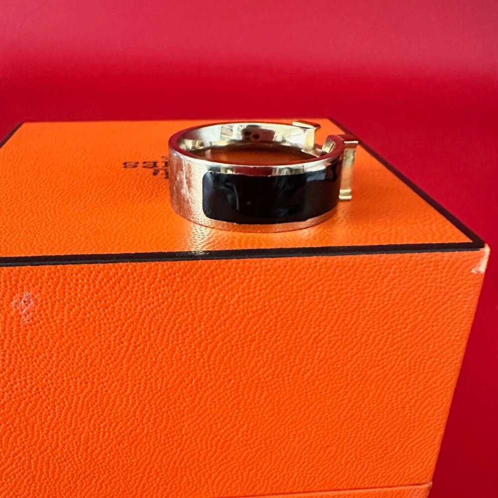 Hermes Black Enamel Gold Tone Clic Clac H Band Ring Size 8 1/4 - Picture 9 of 13